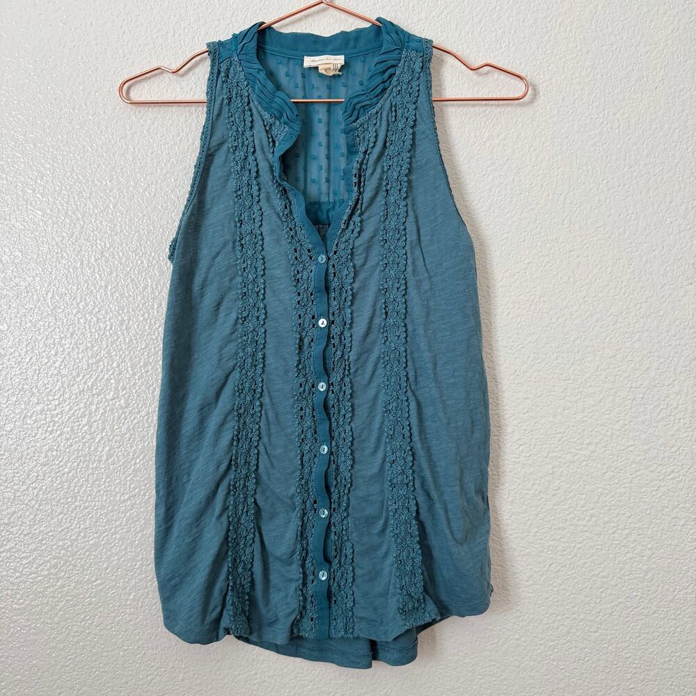 Meadow Rue teal green button up tank top lace striped flocked dot